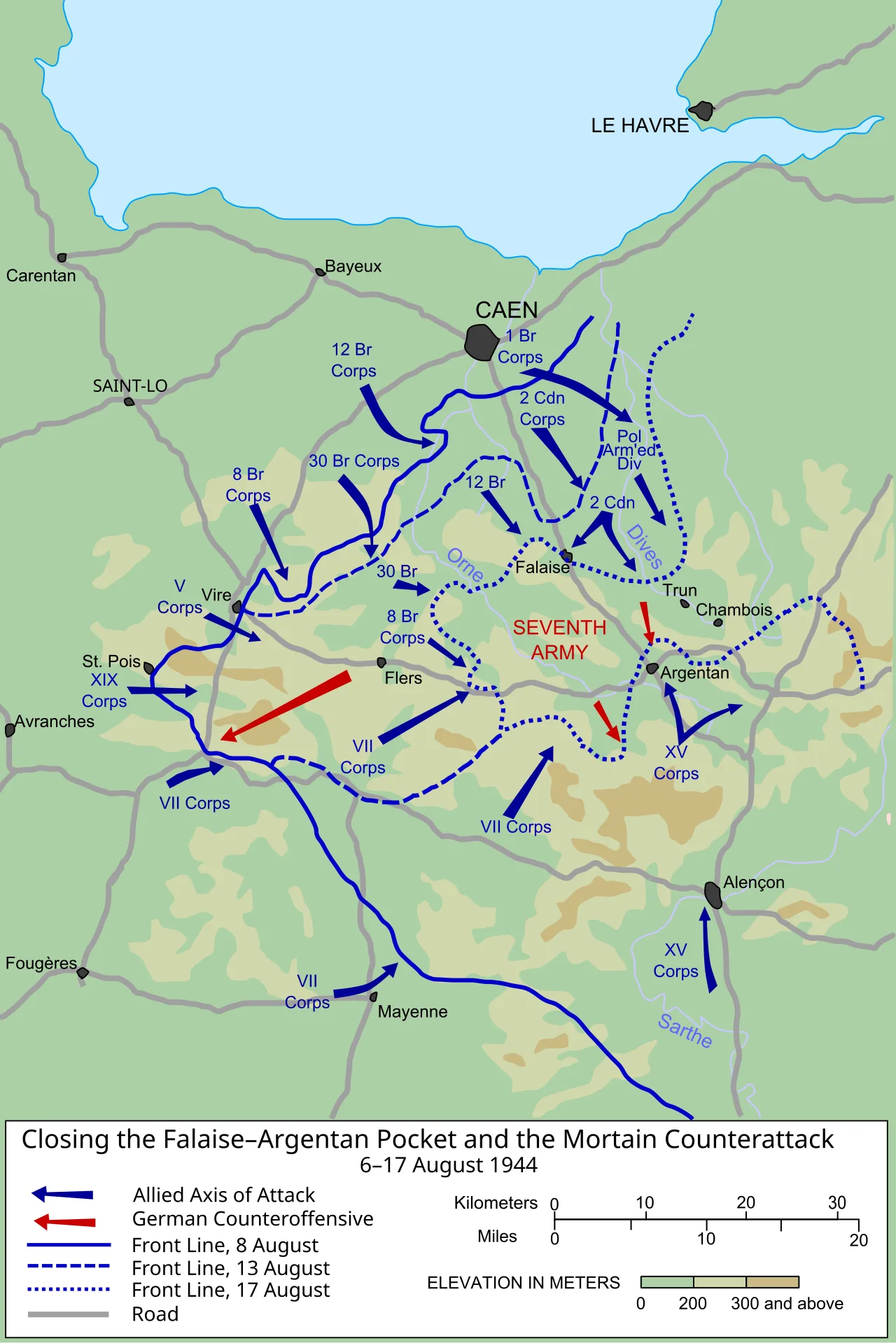Dobová mapa bitvy: Bitva o falaiskou kapsu