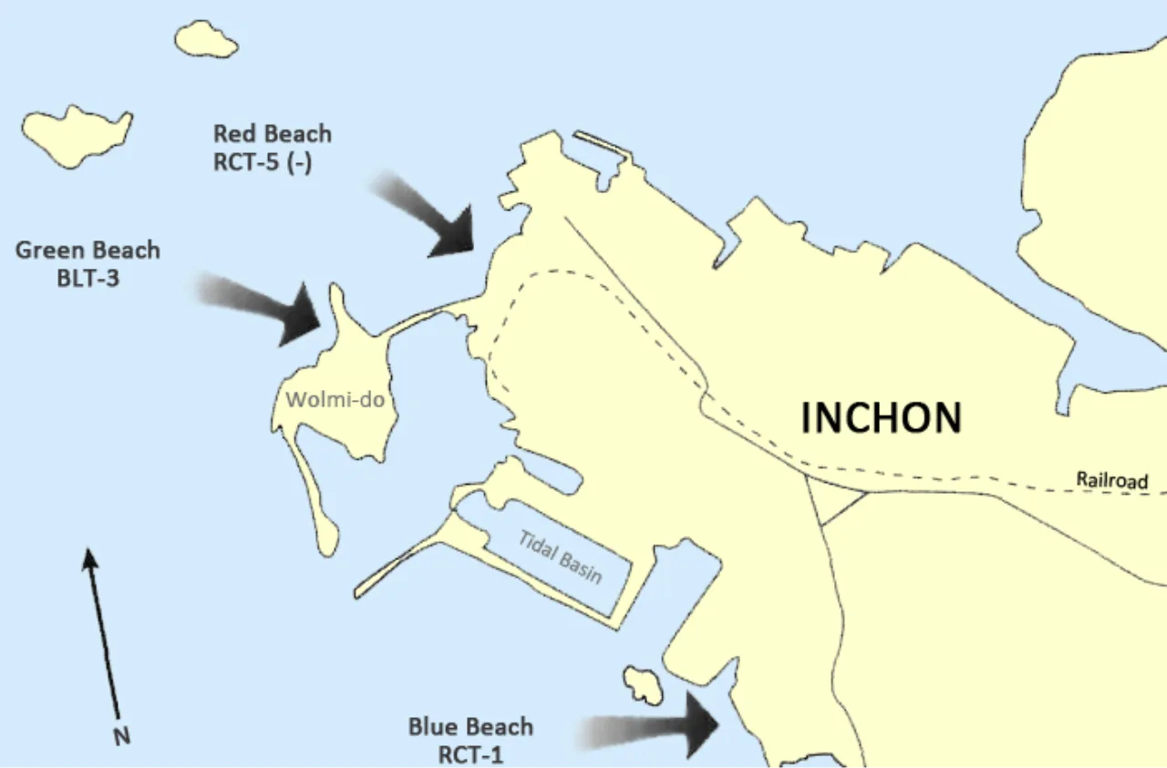 Dobová mapa bitvy: Vylodění u Inčchonu