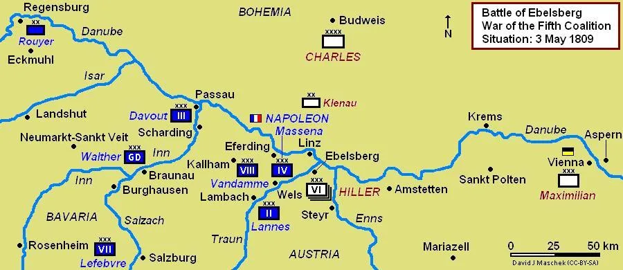 Dobová mapa bitvy: Bitva u Aspern-Esslingu