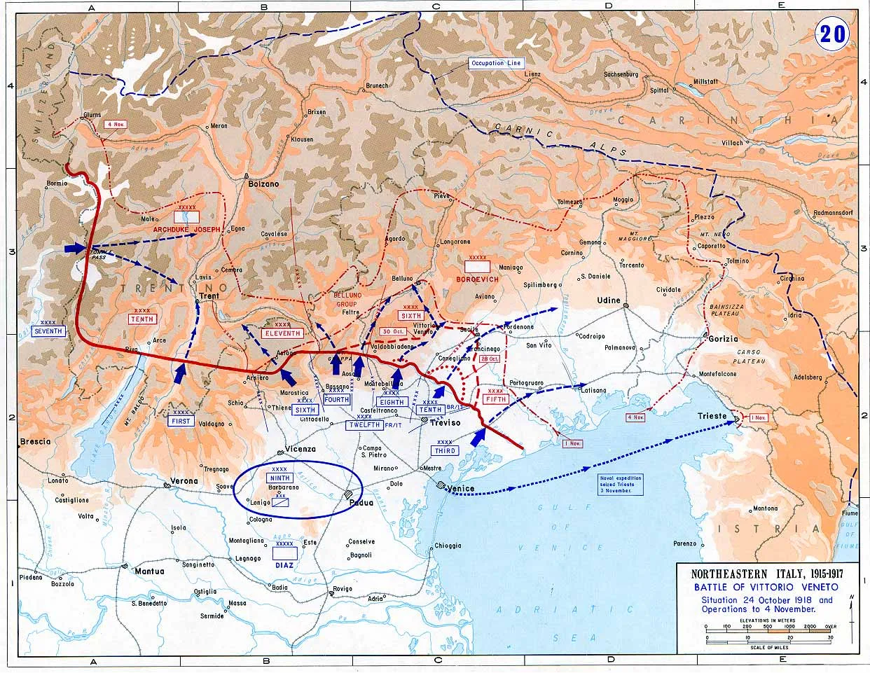 Dobová mapa bitvy: Bitva u Vittorio Veneto