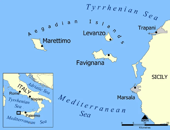 Dobová mapa bitvy: Bitva u Egadských ostrovů