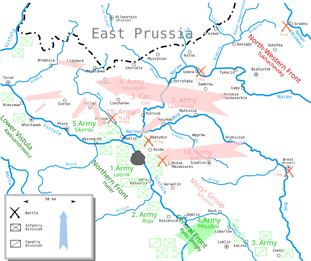 Dobová mapa bitvy: Bitva u Varšavy (1920)