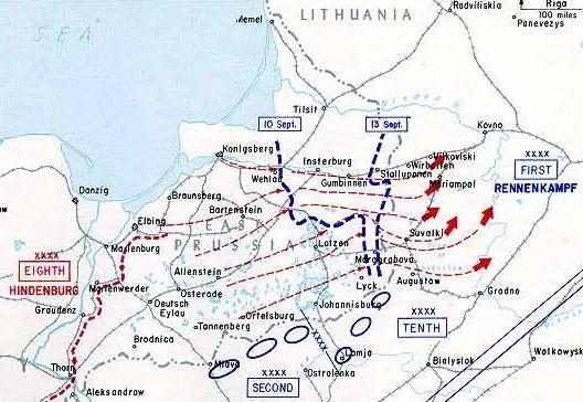 Dobová mapa bitvy: Bitva u Mazurských jezer