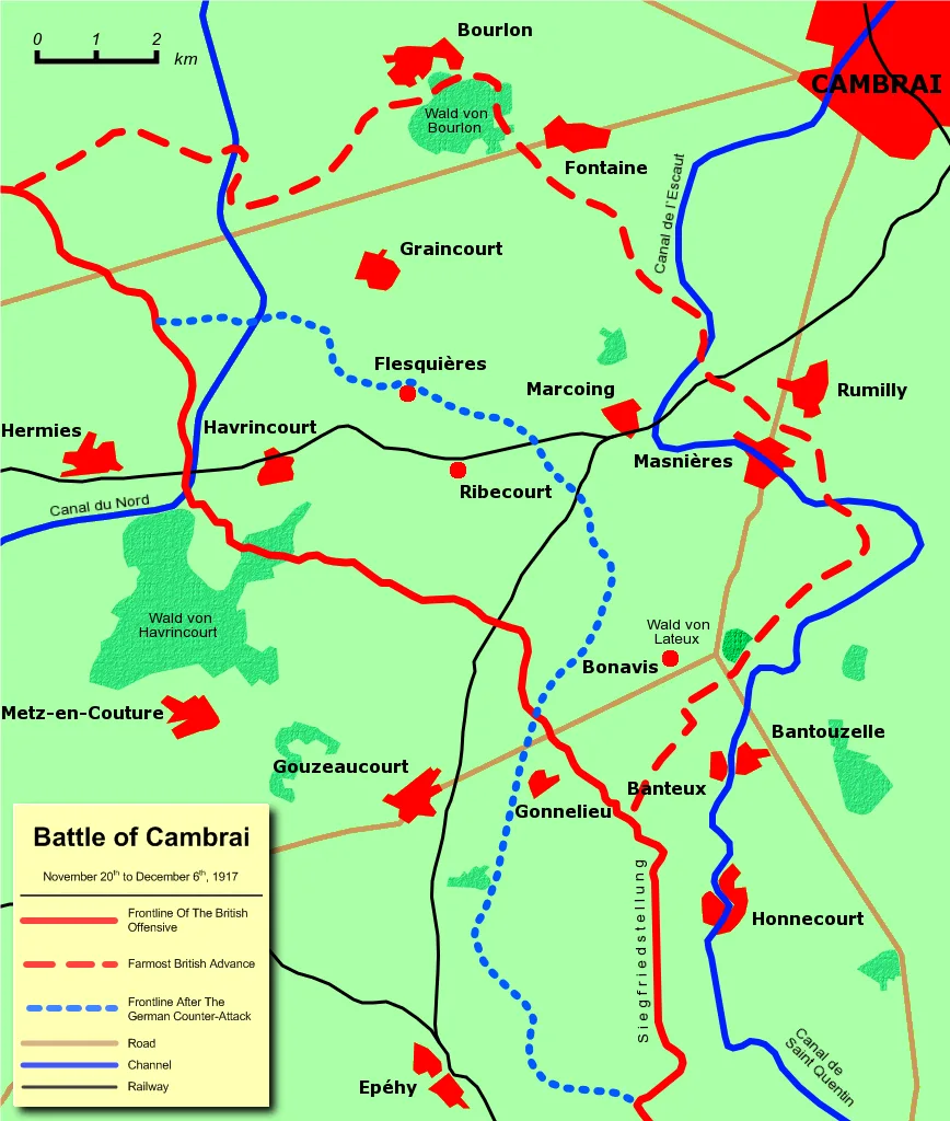 Dobová mapa bitvy: Bitva u Cambrai